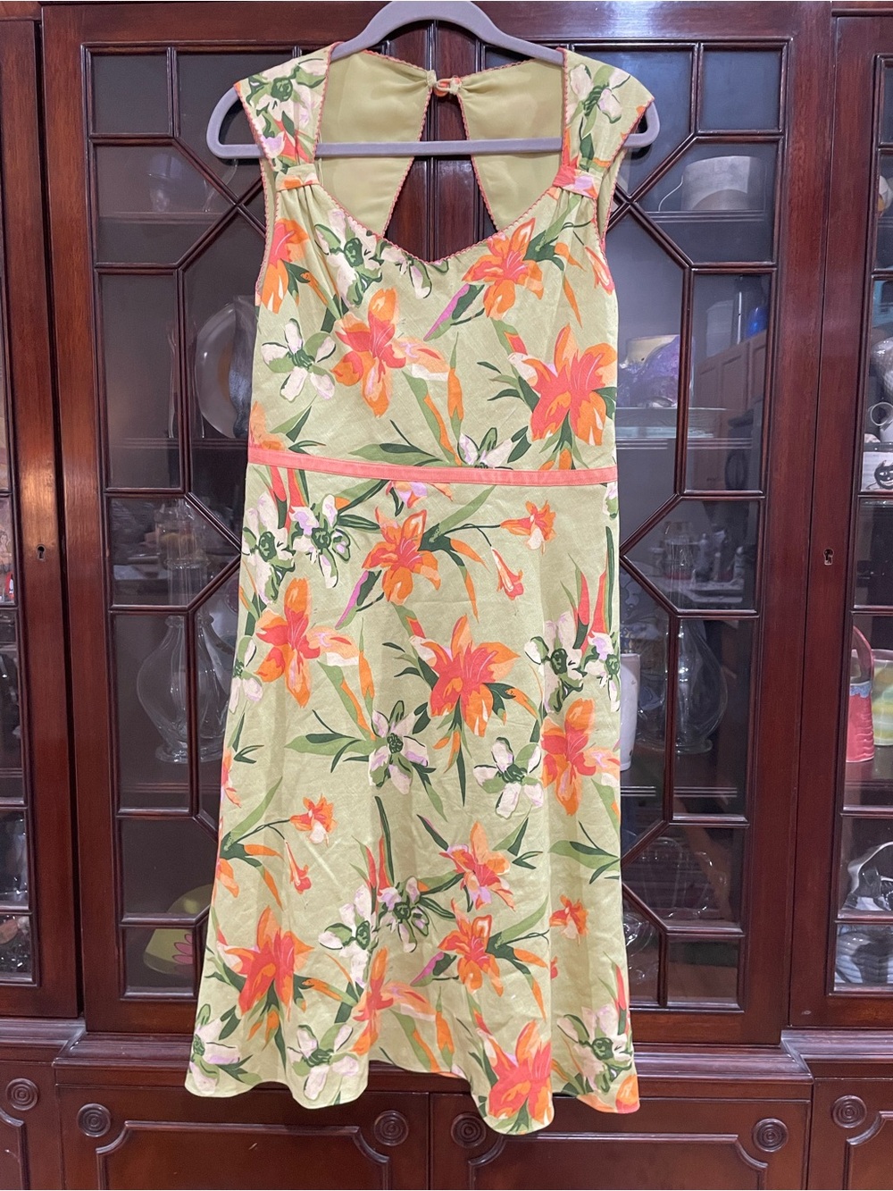 Classic Papéll Petites Linen Blend, Lined Floral Midi Dress Lime Green Oranges